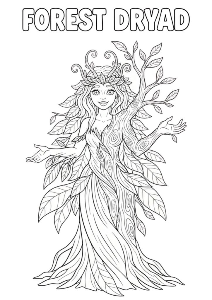 forest dryad tree spirit coloring page