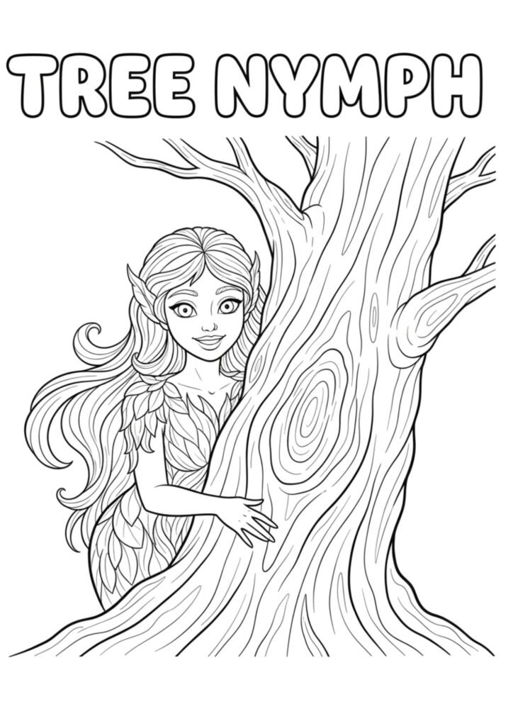 tree nymph spirit peeking coloring page