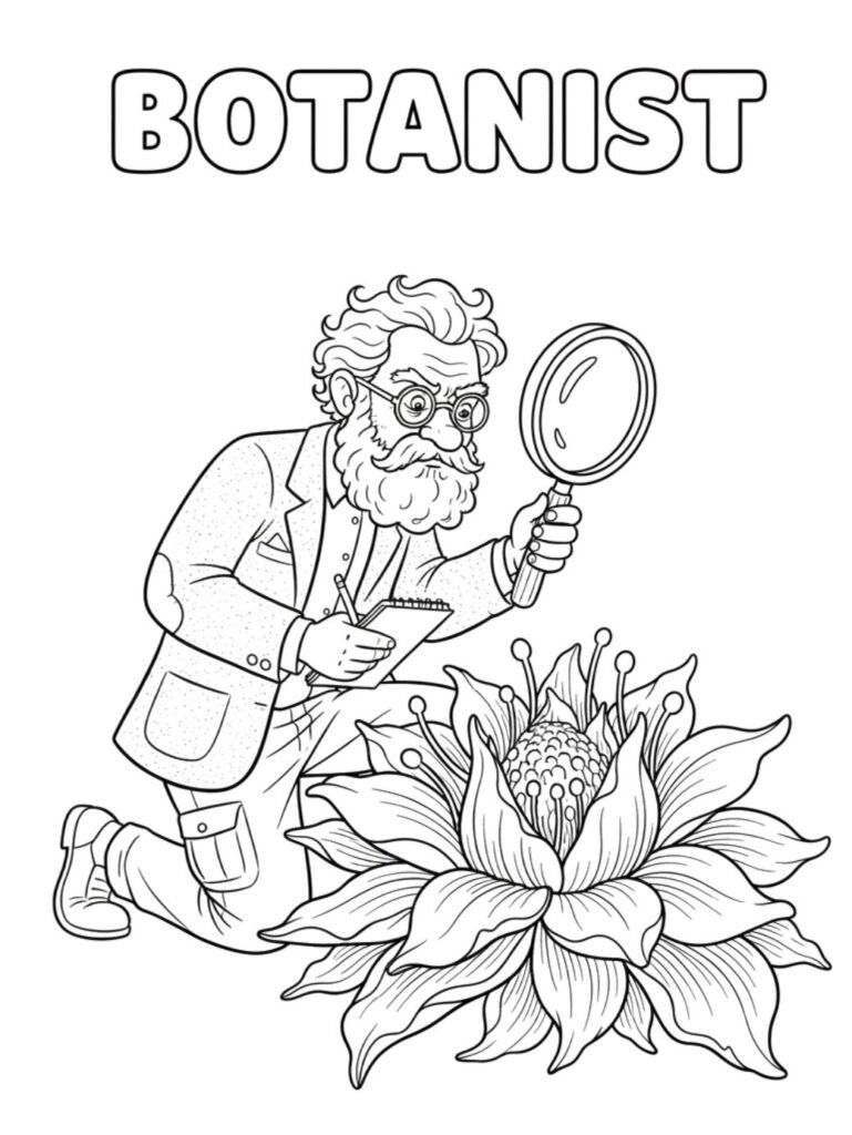botanist examining plant coloring page