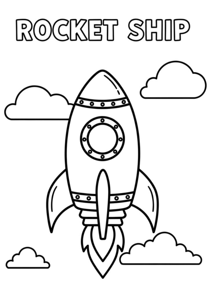 rocket ship kids coloring page no background a4