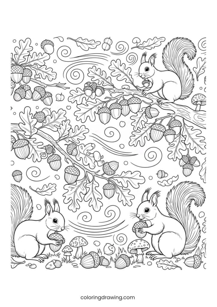 Acorns and squirrels ColoringPage