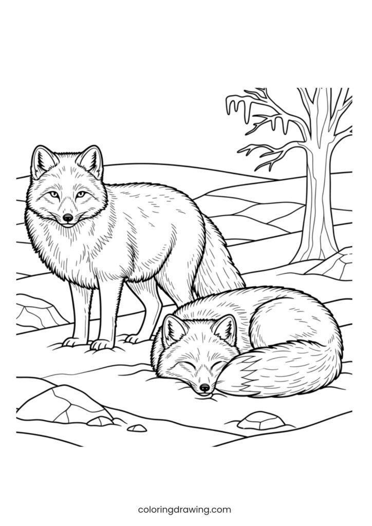 Arctic foxes in snow ColoringPage