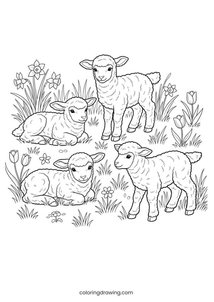 Baby lambs in grass ColoringPage