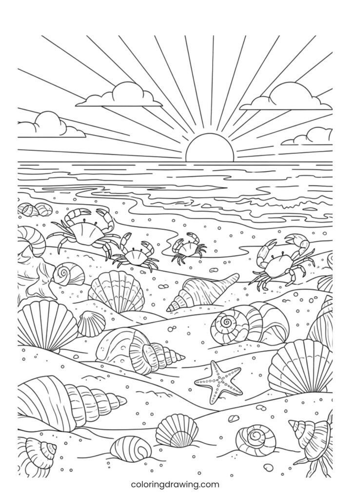 Beach scene with shells ColoringPage