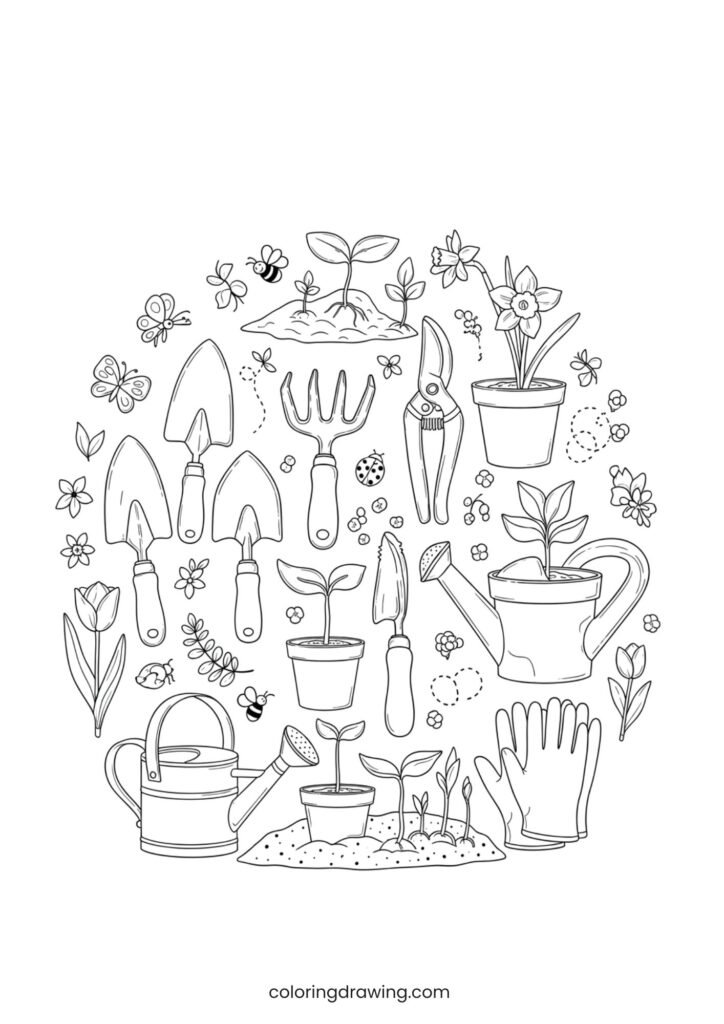 Gardening tools and sprouts ColoringPage
