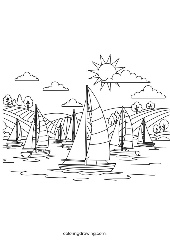 Sailing boats on a lake ColoringPage