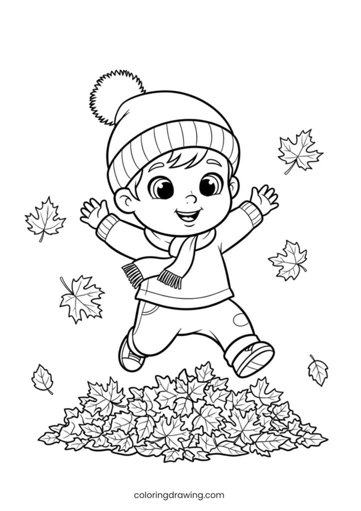 autumn coloring page jumping in leaves 1