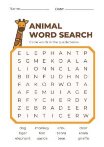 Animal Word Search Worksheet