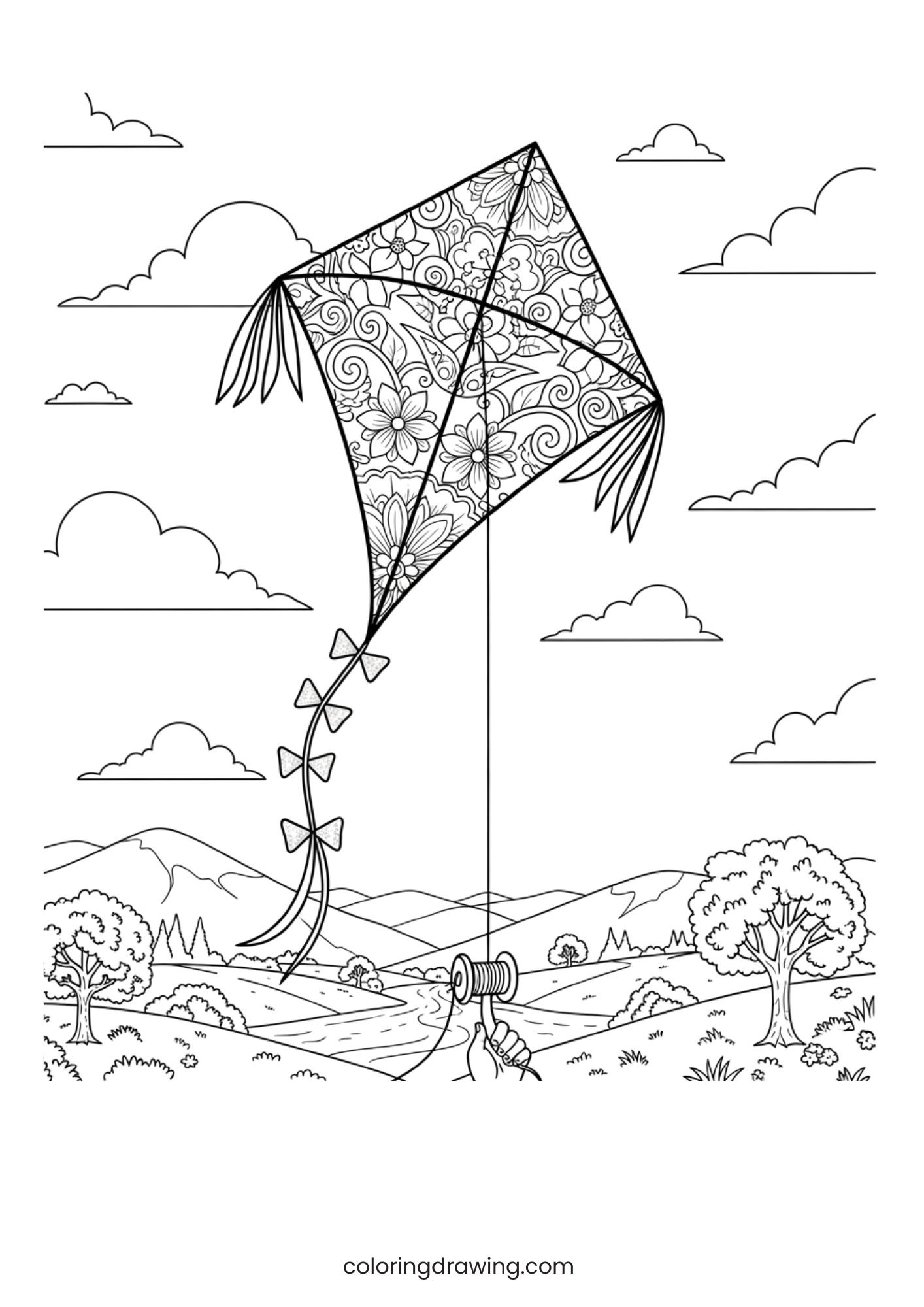 A kite flying in the wind ColoringPage