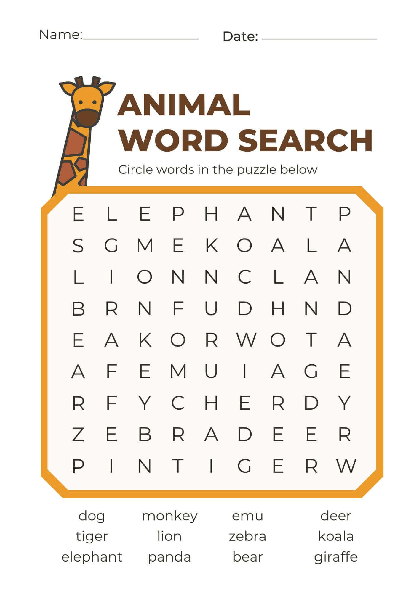 Animal Word Search Worksheet