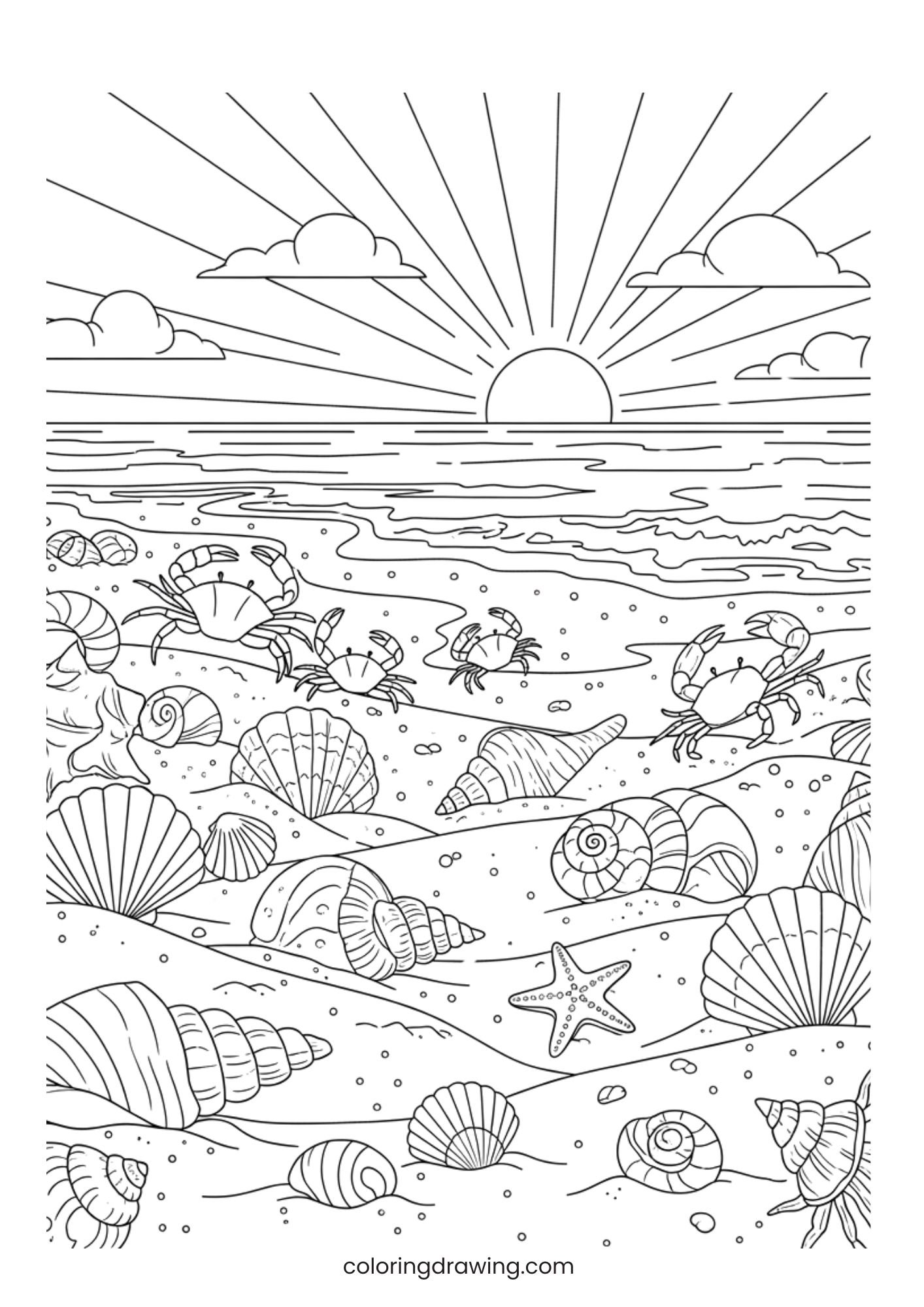 Beach scene with shells ColoringPage