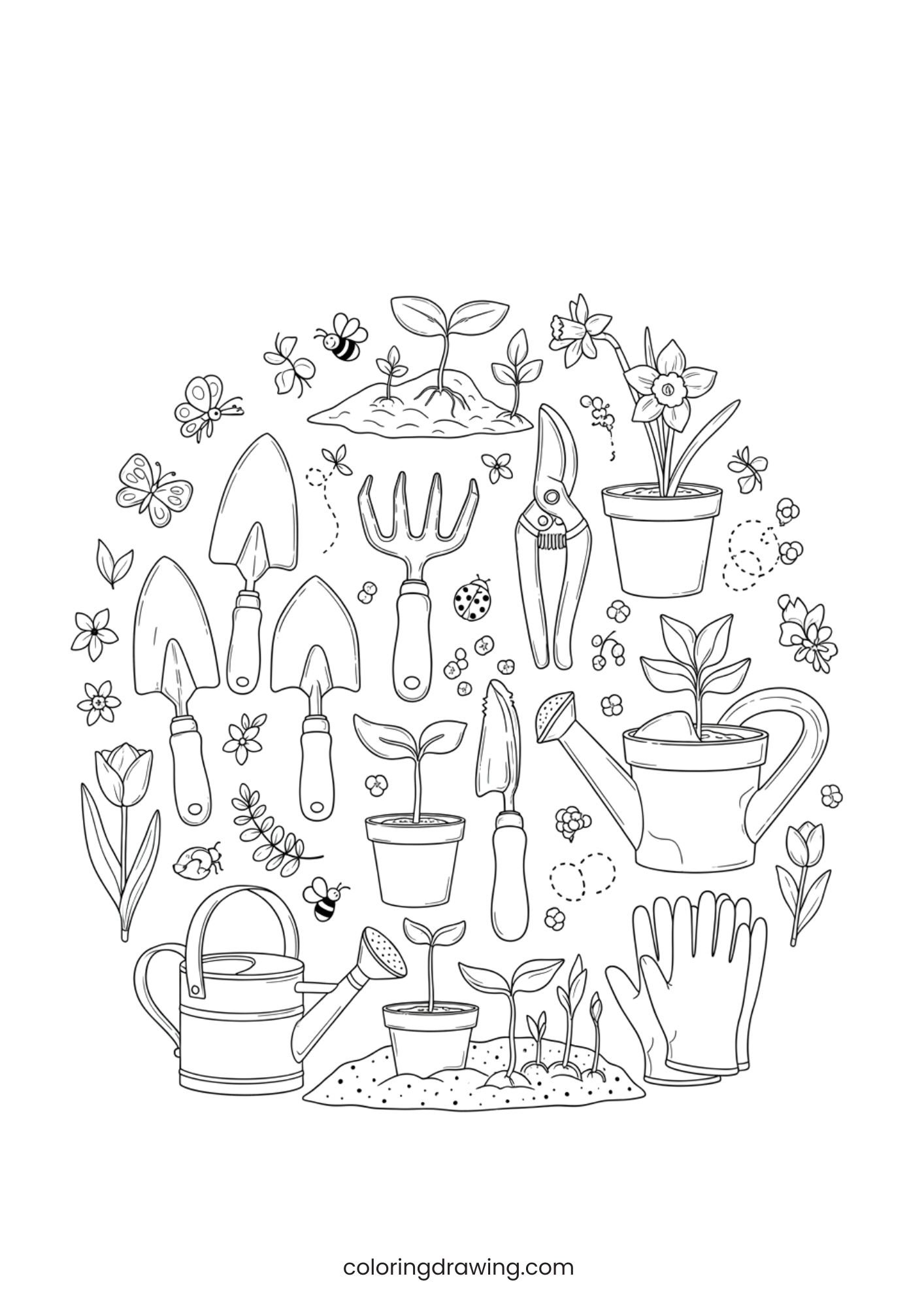 Gardening tools and sprouts ColoringPage