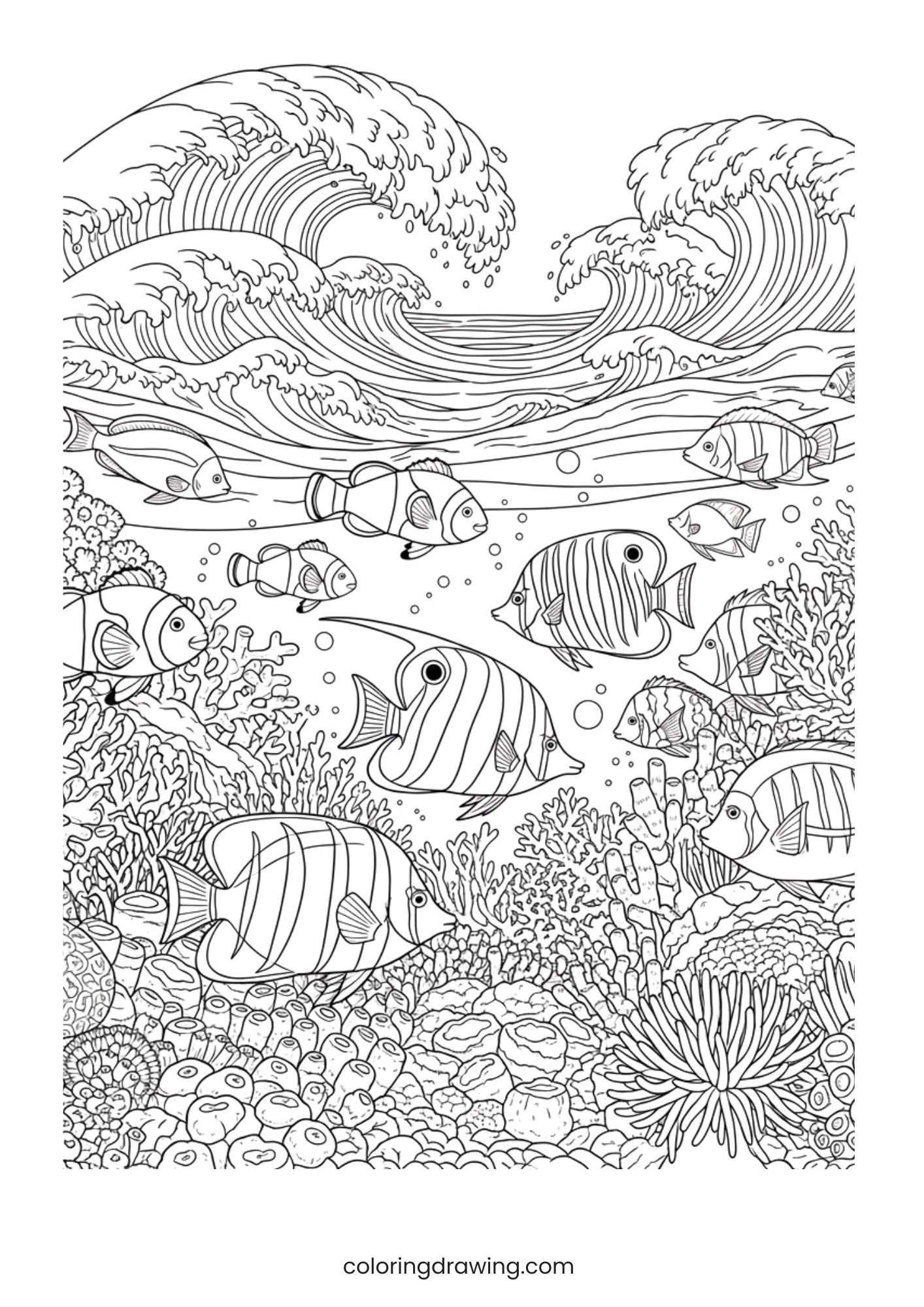 Ocean waves and tropical fish ColoringPage