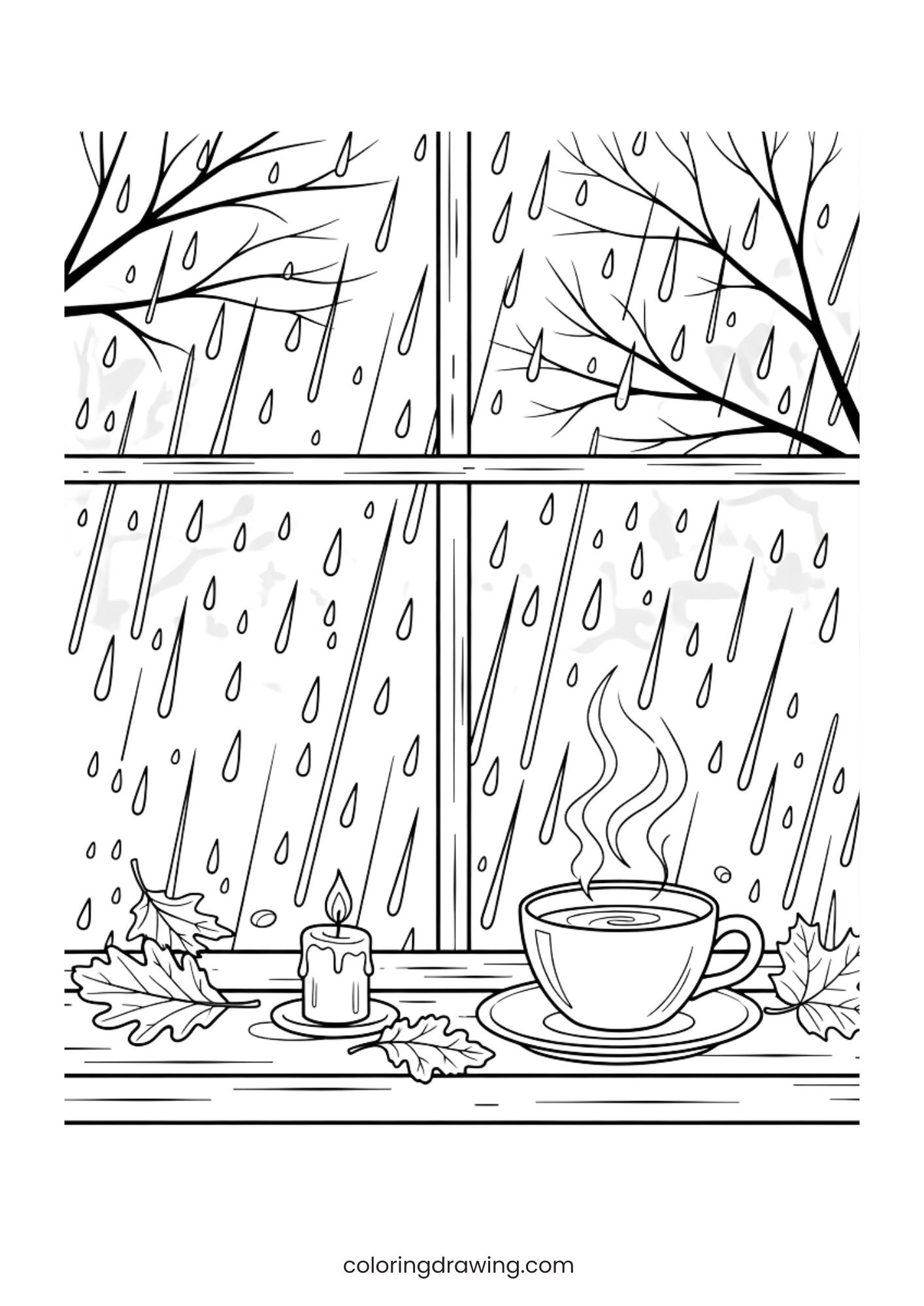 Rainy window with a cup of tea ColoringPage