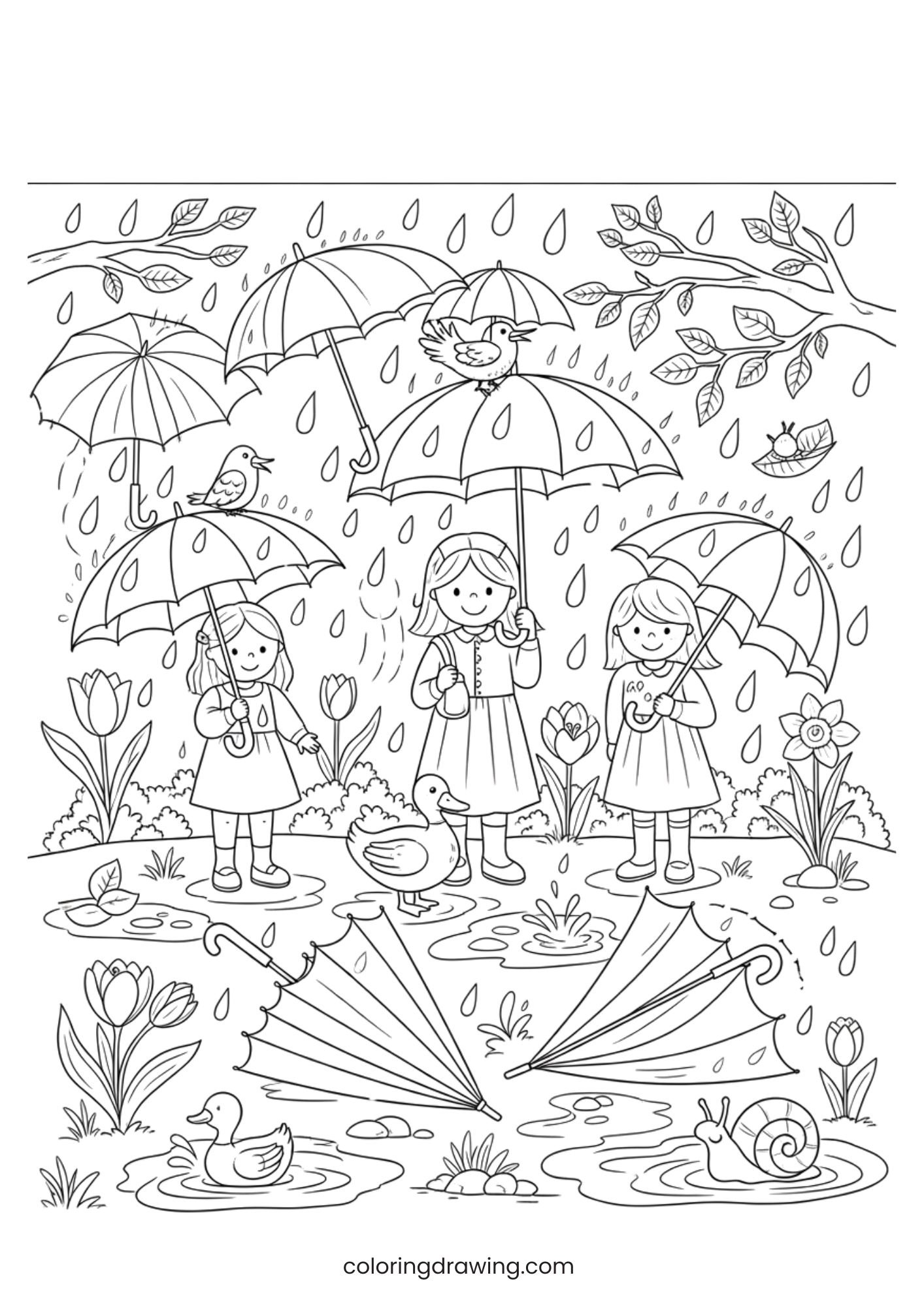 Spring rain and umbrellas ColoringPage